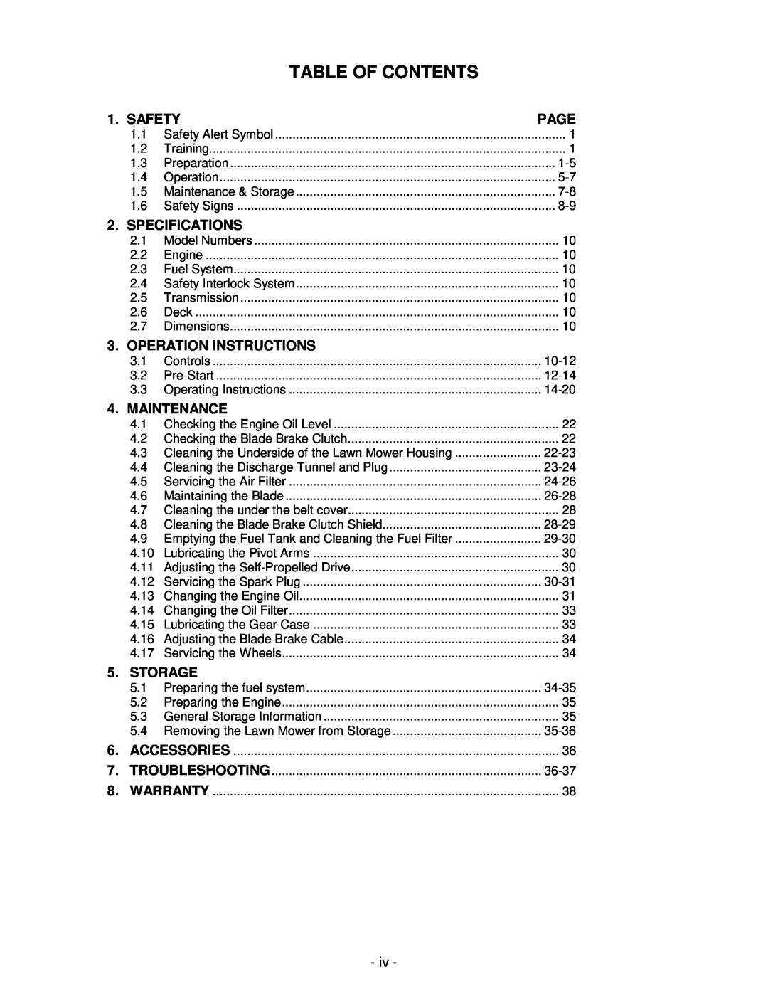 Honda Power Equipment metro 21 manual Table Of Contents, Safety, Page, Specifications, Operation Instructions, Maintenance 