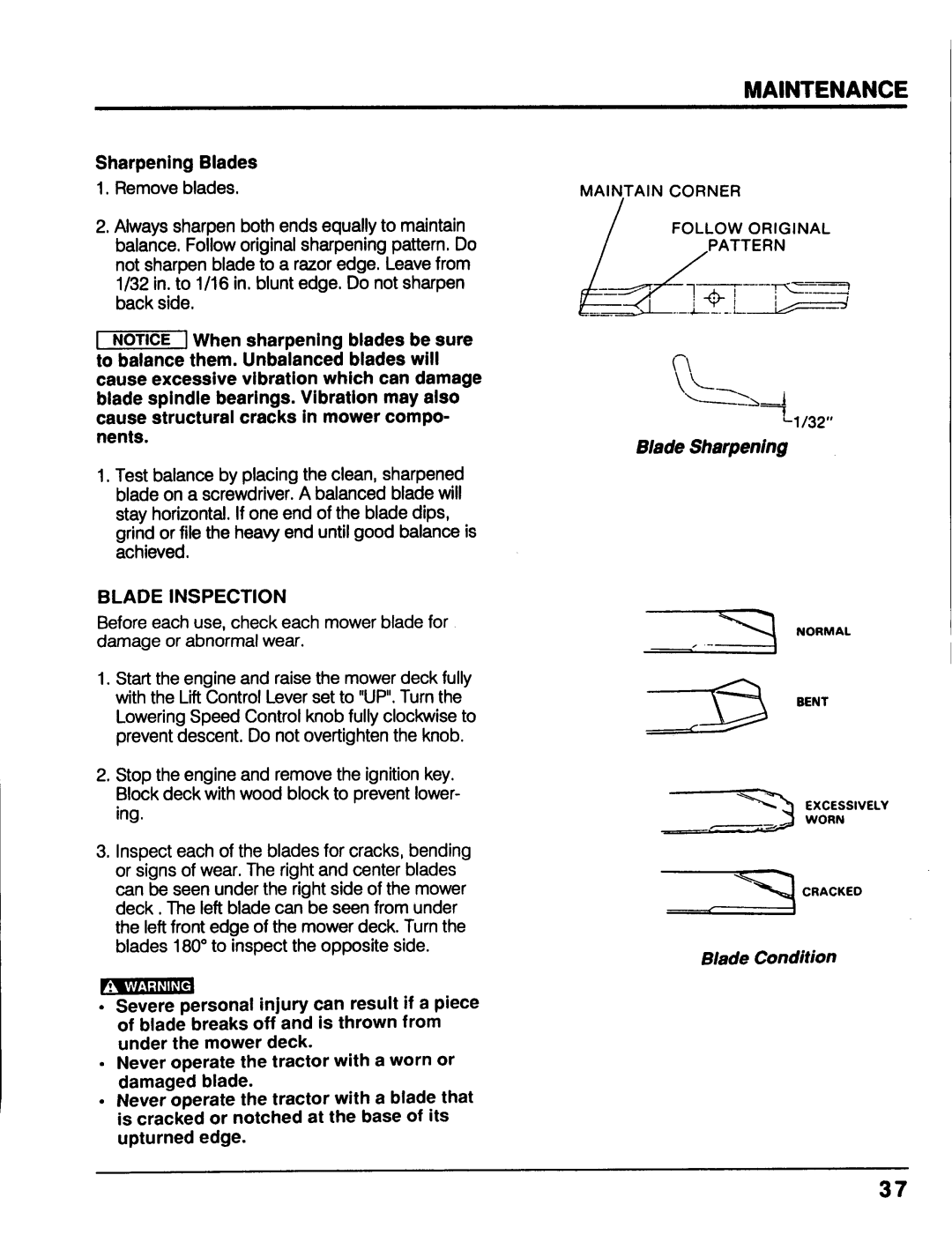 Honda Power Equipment MM52 manual Sharpening Blades, Blade Inspection 