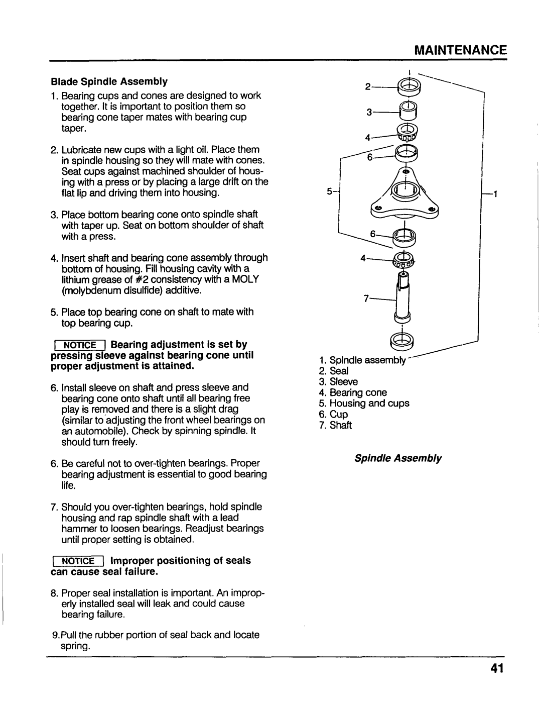 Honda Power Equipment MM52 manual Blade Spindle Assembly, Proper adjustment is attained 