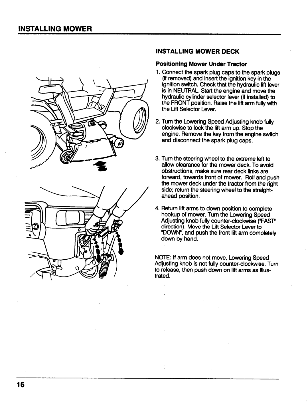 Honda Power Equipment MM52 manual Installing Mower Deck, Positioning Mower Under Tractor 