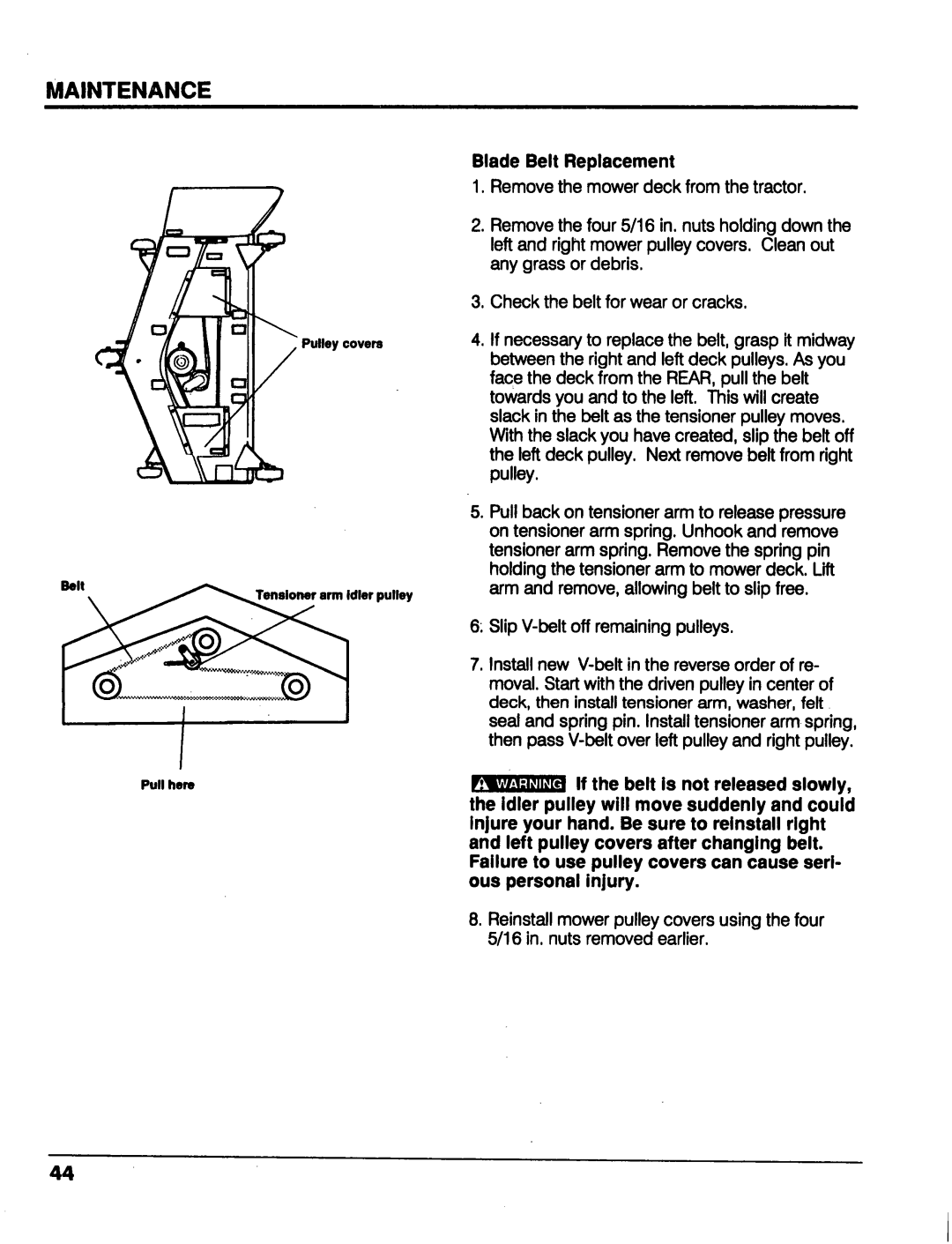 Honda Power Equipment MM52 manual Blade Belt Replacement, Maintenance 