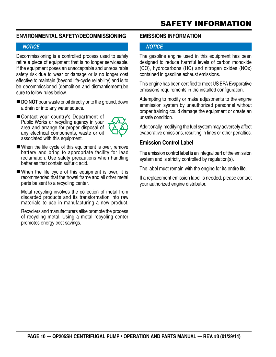 Honda Power Equipment QP205SH manual Emissions Information, Label must remain with the engine for its entire life 