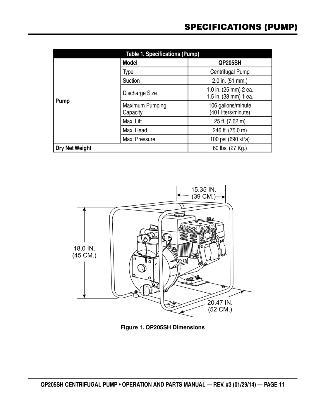 Honda Power Equipment QP205SH manual Specifications Pump, Model, Dry Net Weight 