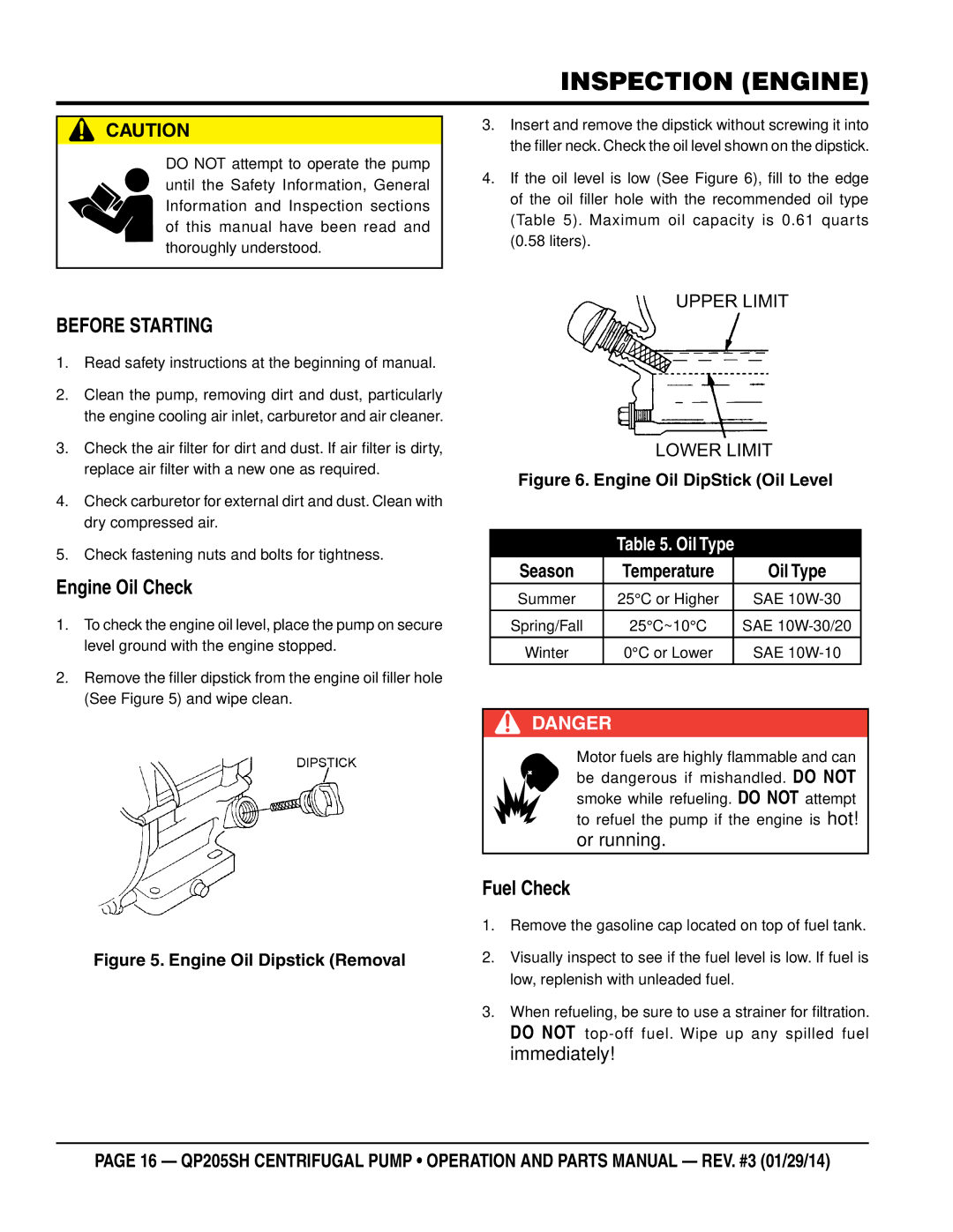 Honda Power Equipment QP205SH manual Inspection Engine, Before Starting, Oil Type, Season 