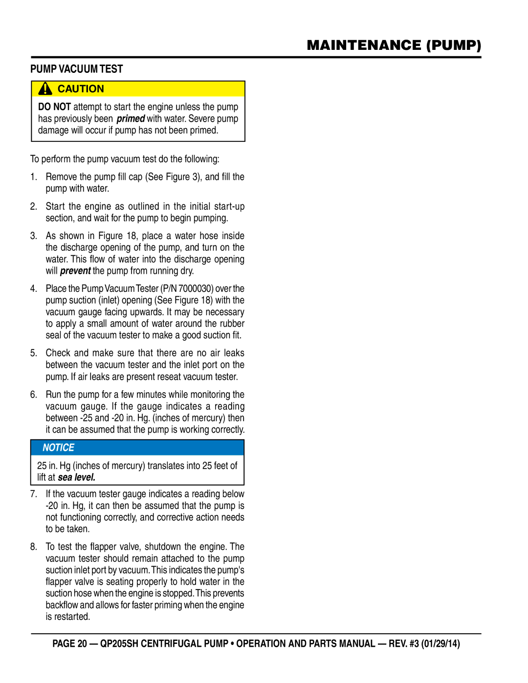 Honda Power Equipment QP205SH manual Maintenance Pump, Pump Vacuum Test 