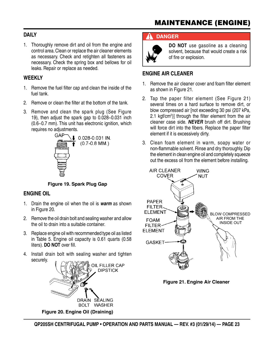 Honda Power Equipment QP205SH manual Daily, Weekly, Engine AIR Cleaner, Engine OIL 