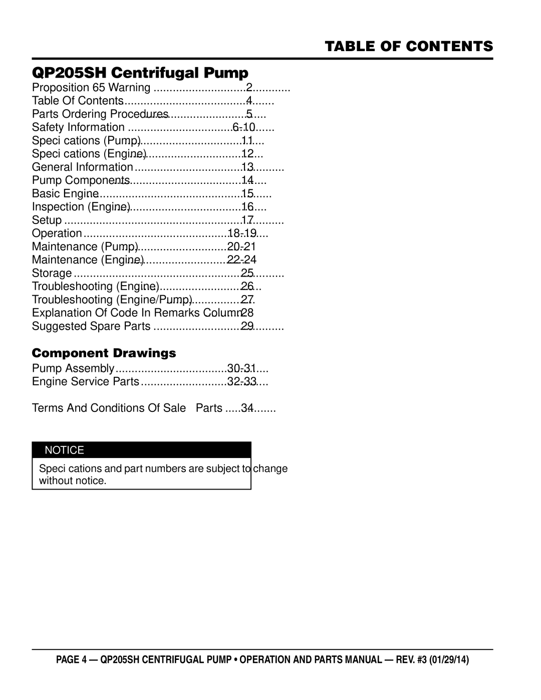 Honda Power Equipment manual QP205SH Centrifugal Pump, Table of Contents 