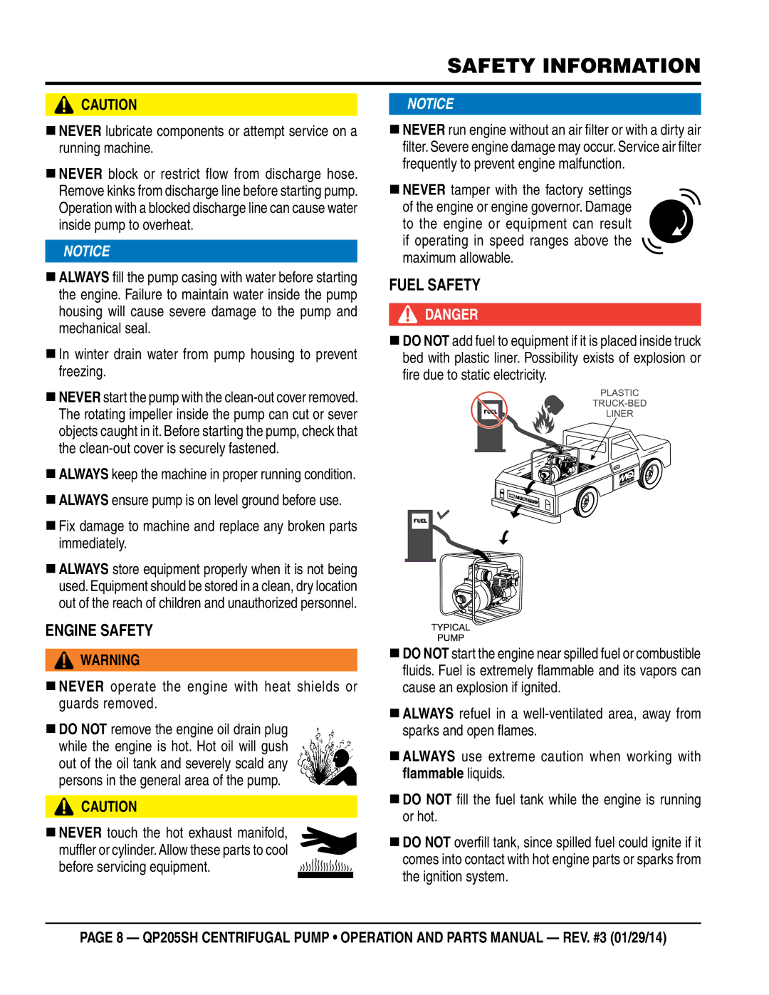 Honda Power Equipment QP205SH manual Engine Safety, Fuel Safety, Before servicing equipment 