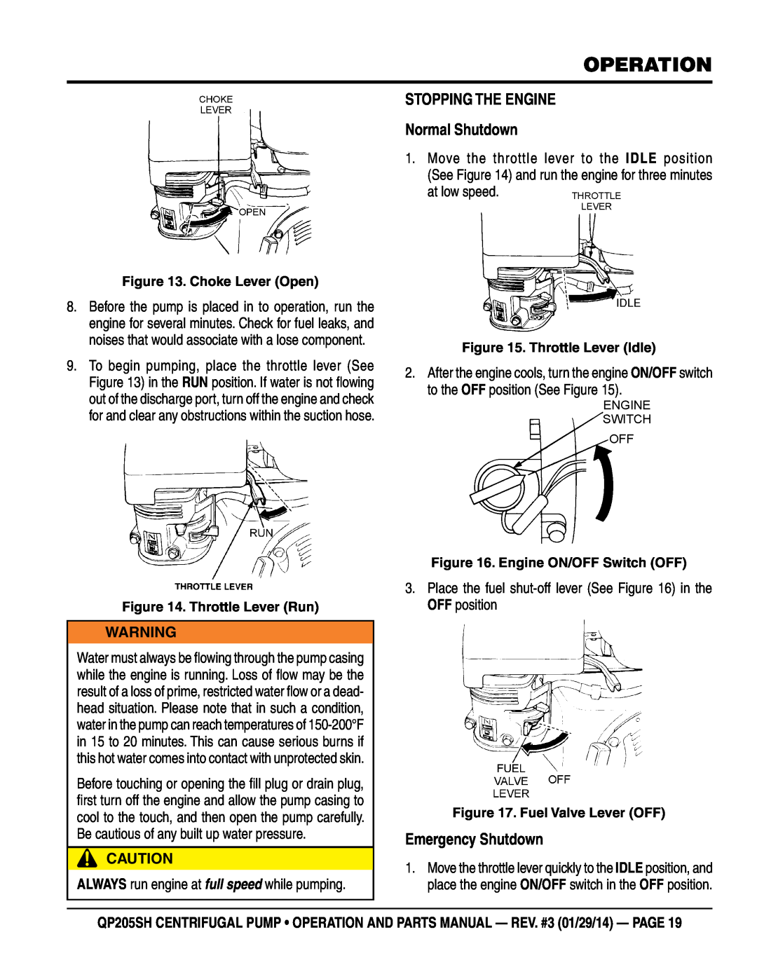 Honda Power Equipment QP205SH manual STOPPING THE ENGINE Normal Shutdown, Emergency Shutdown, Operation 