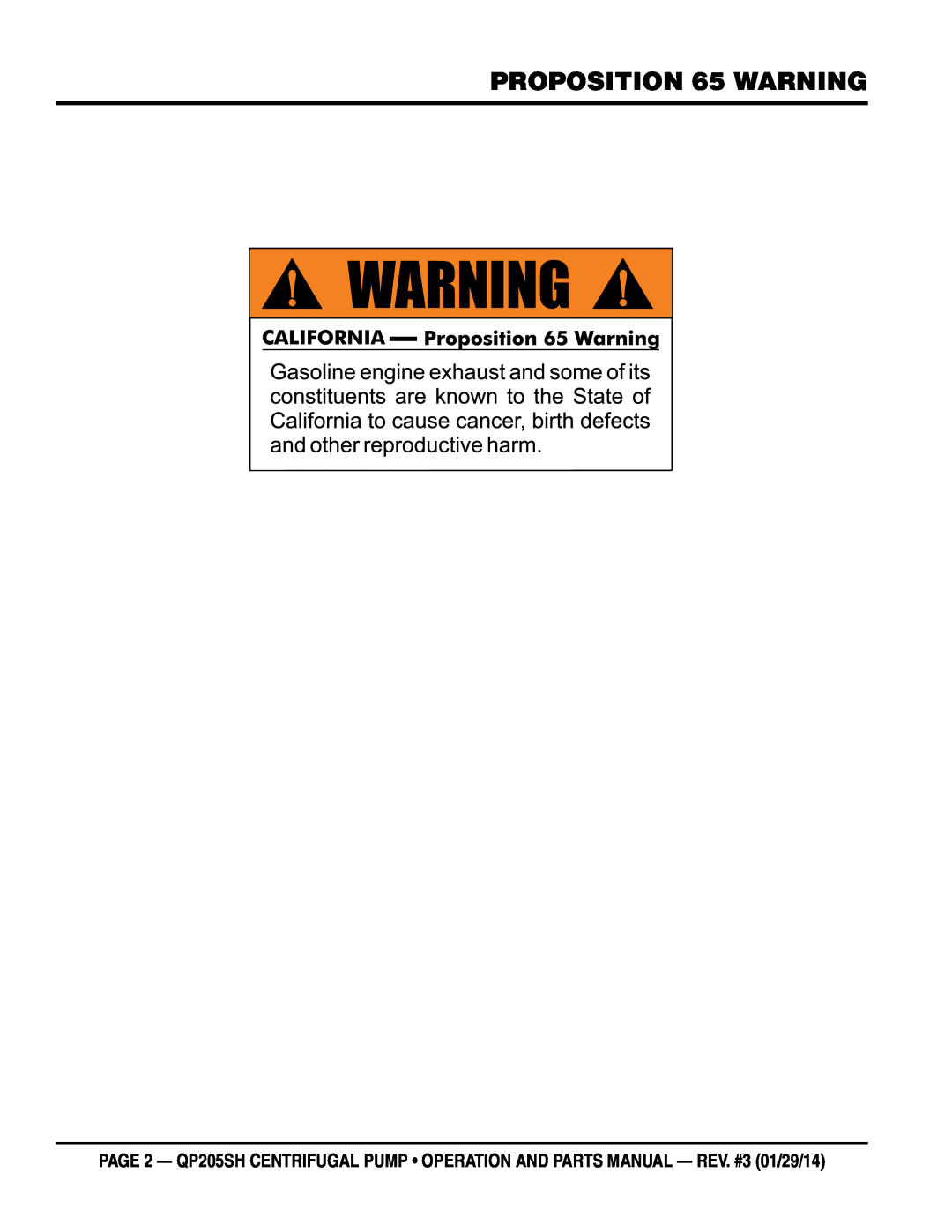 Honda Power Equipment QP205SH manual PROPOSITION 65 WARNING 