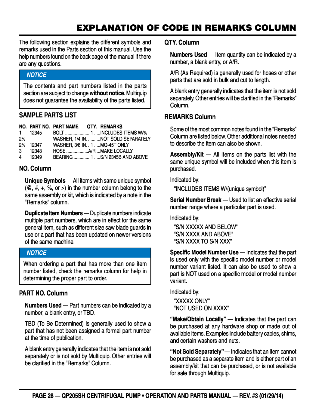 Honda Power Equipment QP205SH Explanation Of Code In Remarks Column, Sample Parts List, PART NO. Column, QTY. Column 