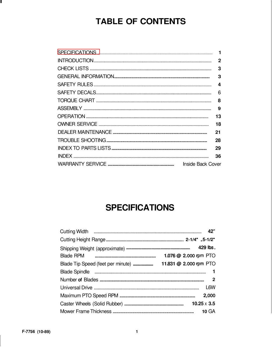 Honda Power Equipment RM752A manual Specifications, Table of Contents 