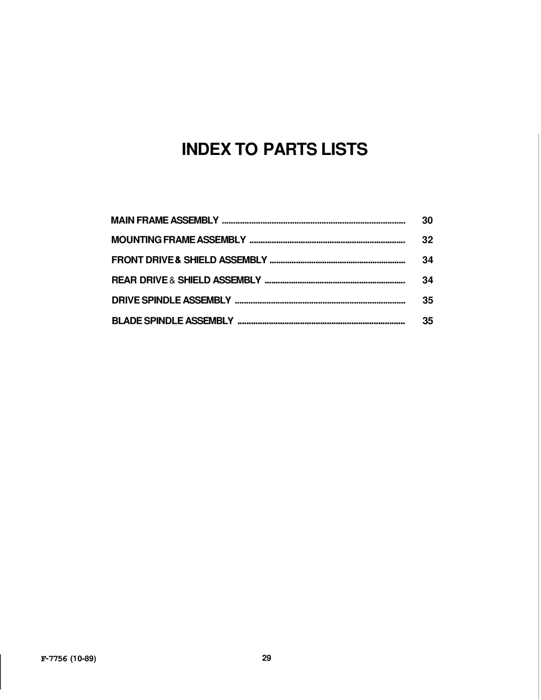 Honda Power Equipment RM752A manual Index to Parts Lists 