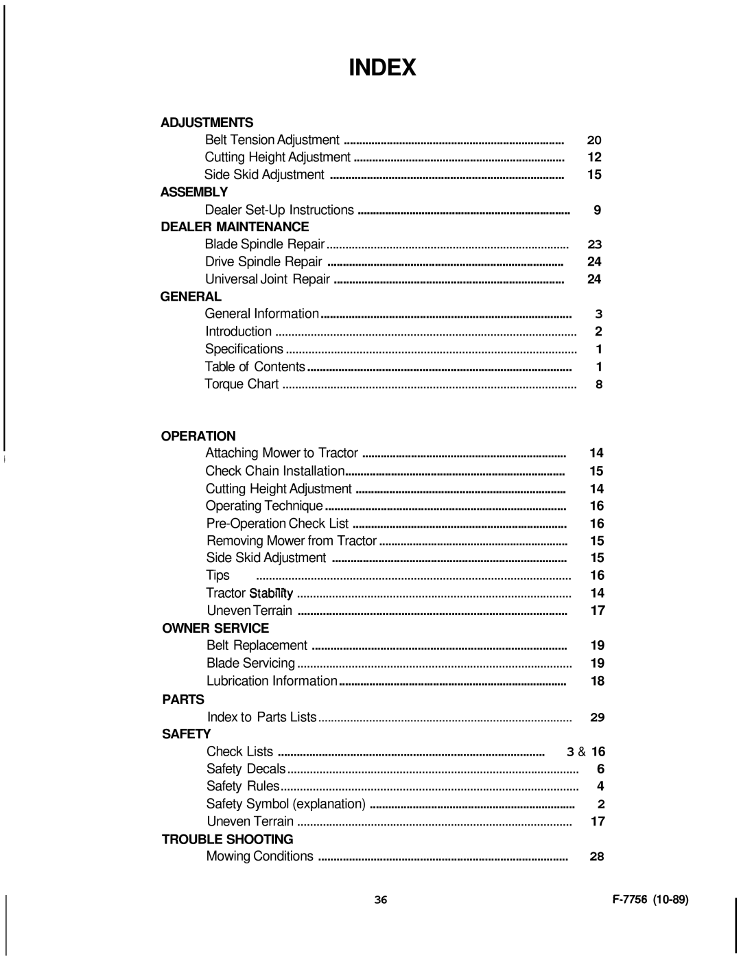 Honda Power Equipment RM752A manual Index, Dealer Set-Up Instructions 