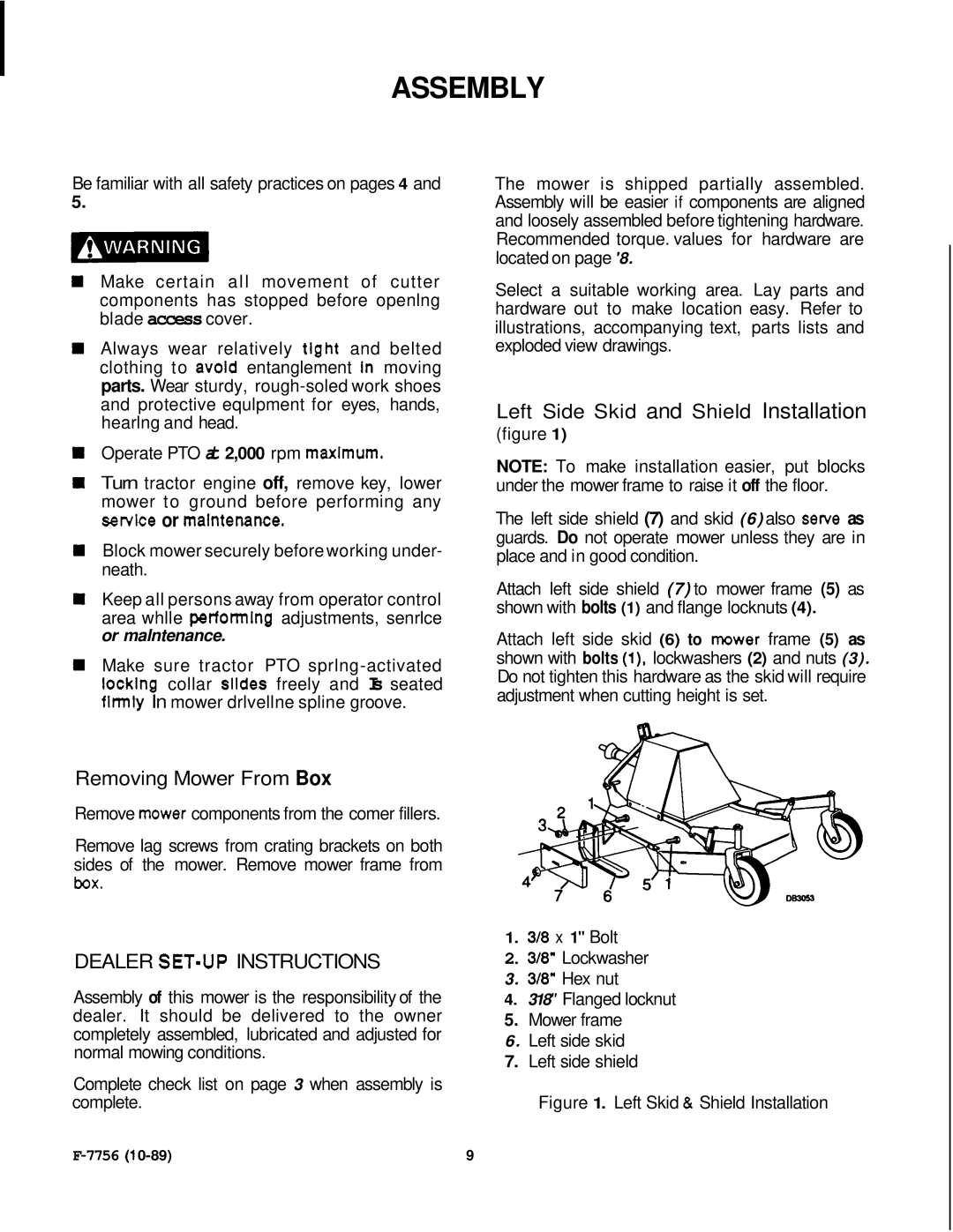 Honda Power Equipment RM752A manual Assembly, Left Side Skid and Shield Installation, Removing Mower From Box 