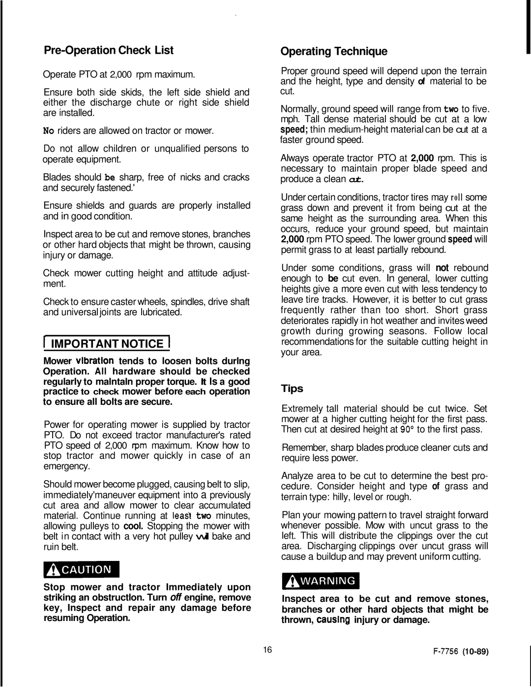 Honda Power Equipment RM752A manual Pre-Operation Check List, f IMPORTANT NOTICE, Operating Technique, Tips 