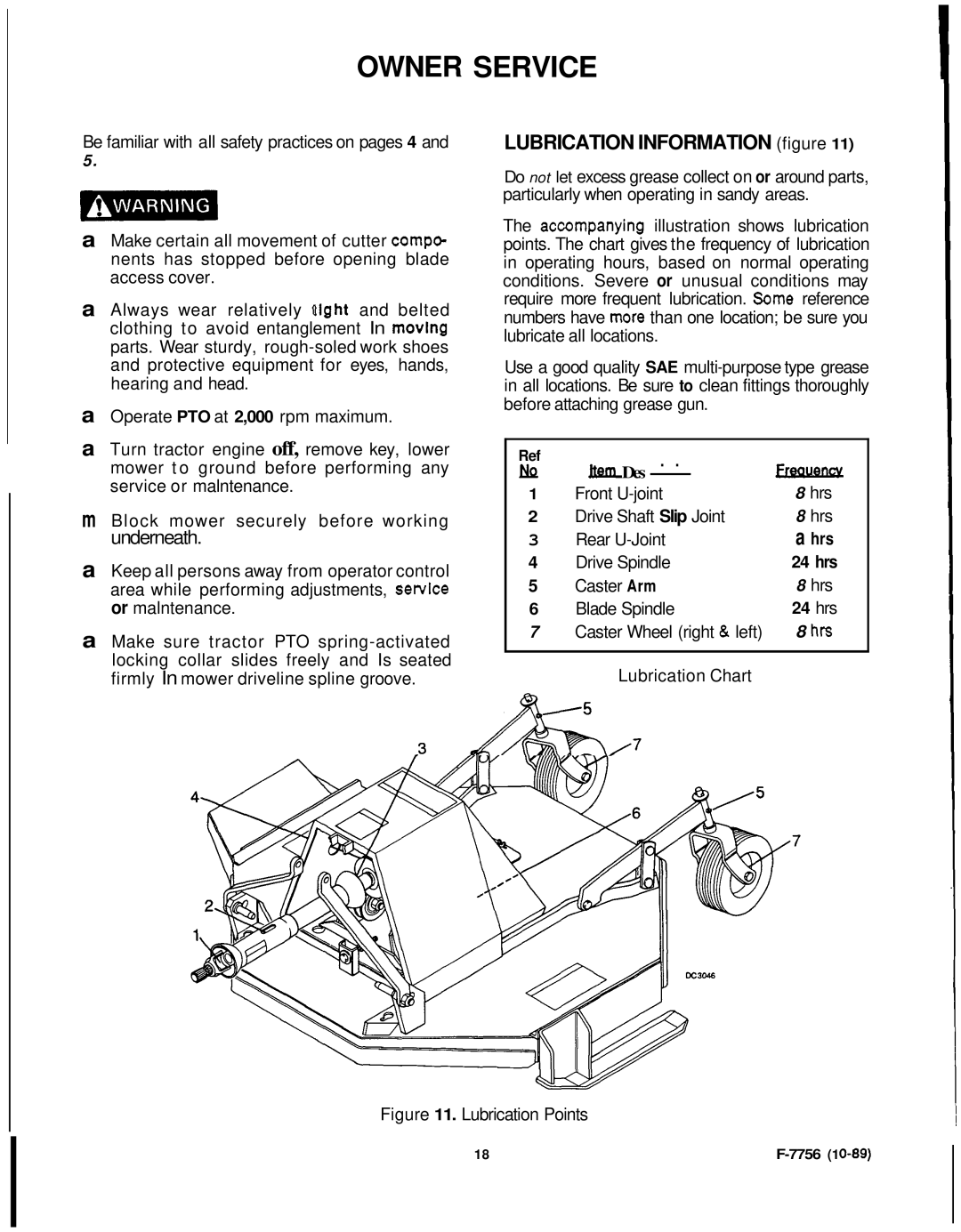 Honda Power Equipment RM752A manual Owner Service, LUBRICATION INFORMATION figure, underneath, Freauencv 