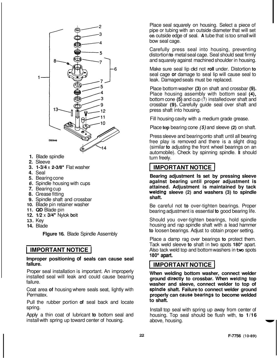 Honda Power Equipment RM752A manual apart IMPORTANT NOTICE, I Important Notice, Blade spindle 2. Sleeve 