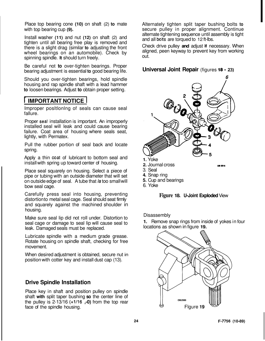 Honda Power Equipment RM752A manual Important Notice, Drive Spindle Installation, Universal Joint Repair figures 18 