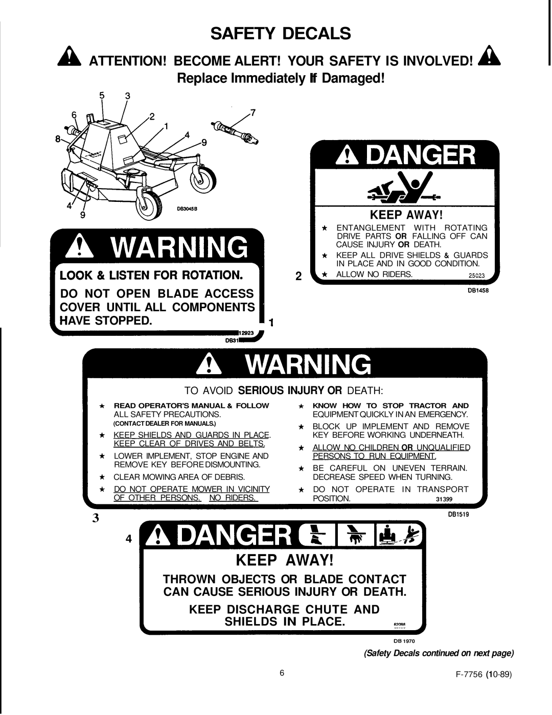 Honda Power Equipment RM752A Safety Decals, Keep Away, A Attention! Become Alert! Your Safety Is Involved! A, Ave Stopped 