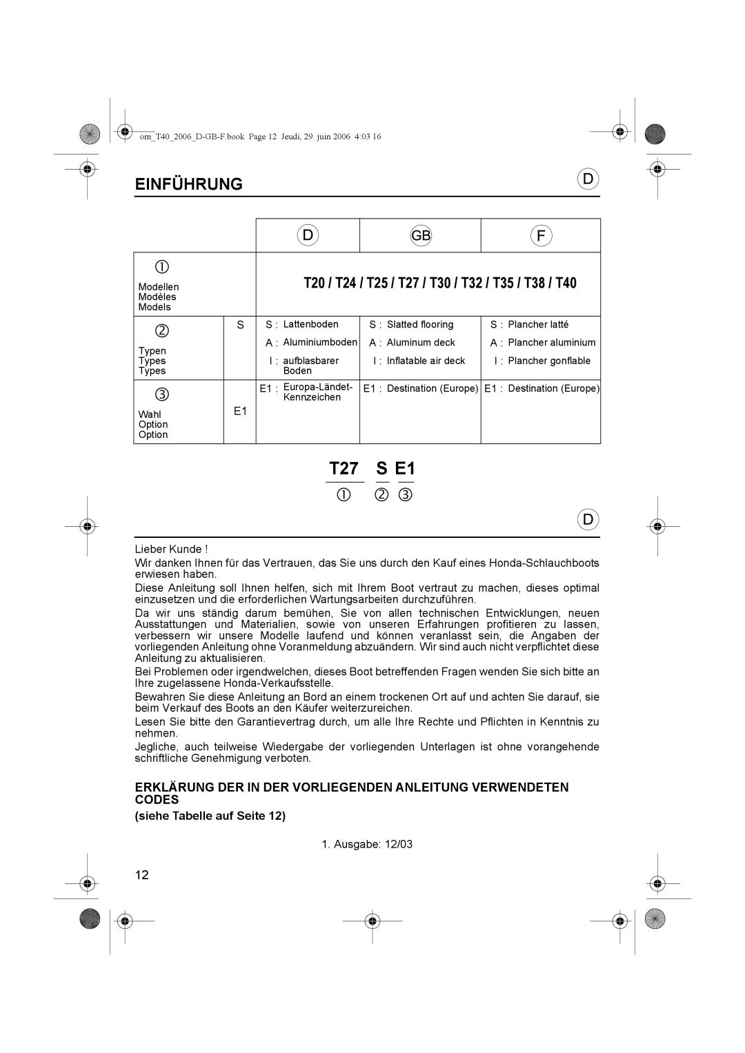 Honda Power Equipment T30, T32, T38, T35, T40, T27, T20, T25, T24 owner manual Einführung, Siehe Tabelle auf Seite 