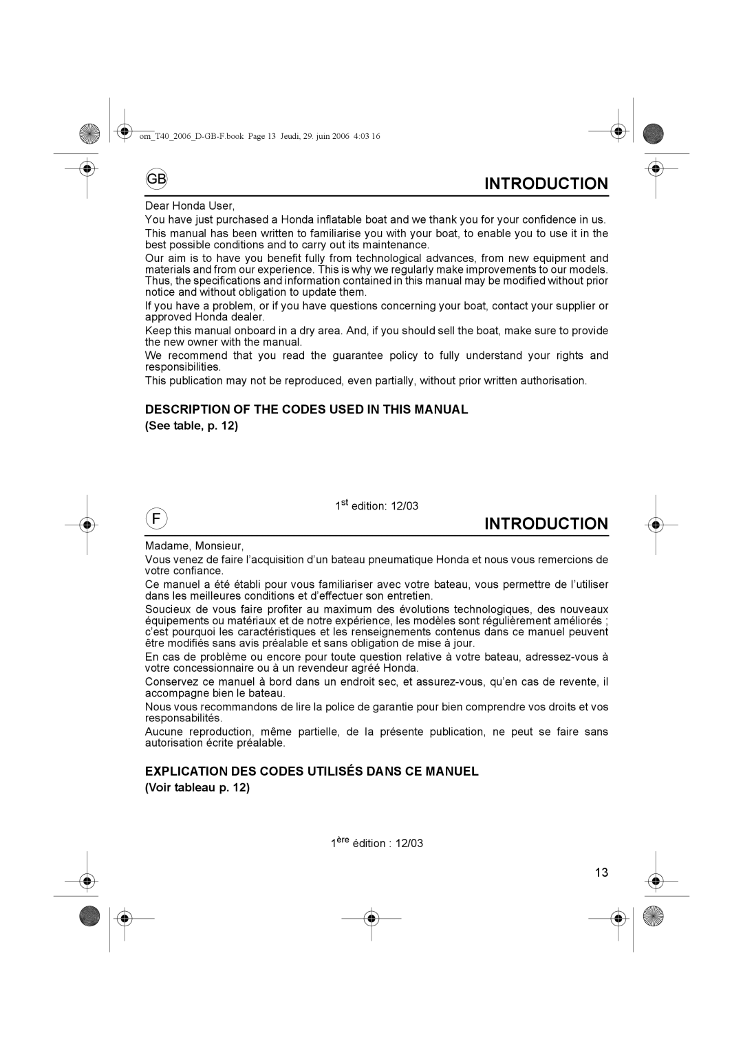 Honda Power Equipment T40, T32 Introduction, Description of the Codes Used in this Manual, See table, p, Voir tableau p 