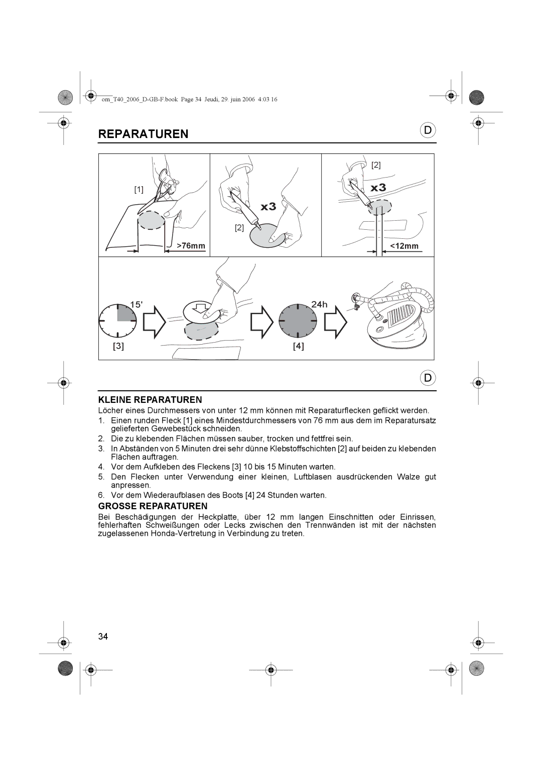 Honda Power Equipment T25, T32, T38, T35, T30, T40, T27, T20, T24 owner manual Kleine Reparaturen, Grosse Reparaturen 