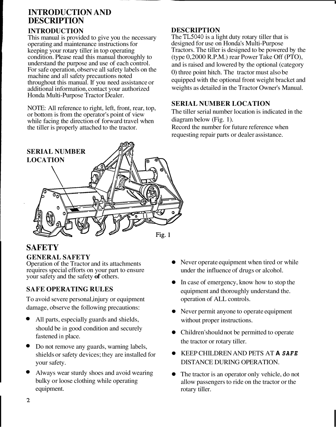 Honda Power Equipment TL5040 manual Introduction And Description, Serial Number Location, General Safety 