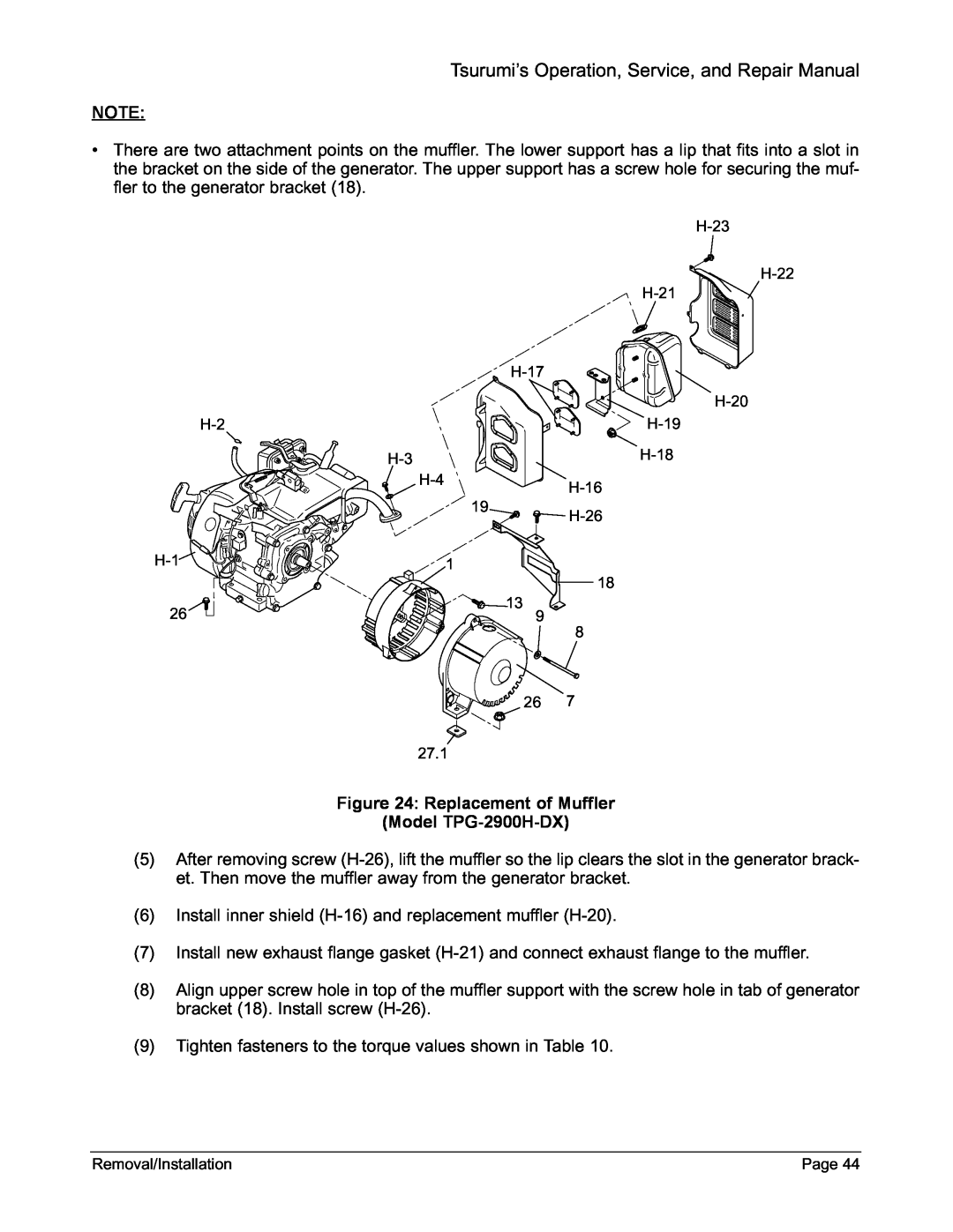 Honda Power Equipment TPG-4300H-DX, TPG-2900H-DX Tsurumi’s Operation, Service, and Repair Manual, Replacement of Muffler 