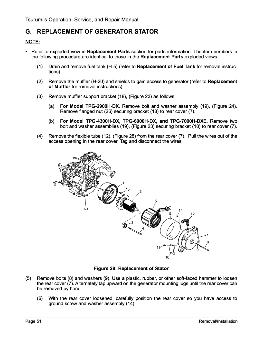Honda Power Equipment TPG-6000H-DX G. Replacement Of Generator Stator, Tsurumi’s Operation, Service, and Repair Manual 