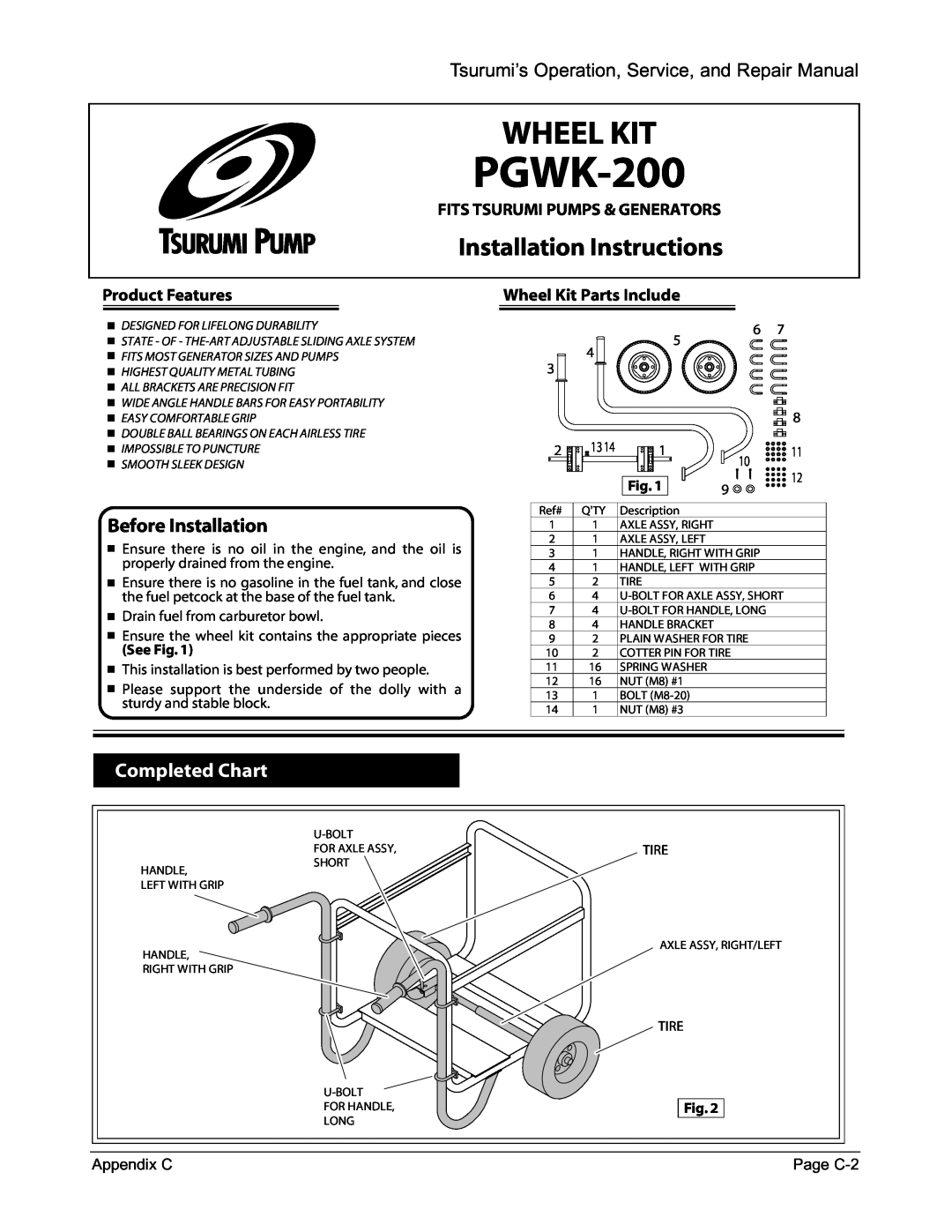 Honda Power Equipment TPG-4300H-DX Before Installation, Completed Chart, PGWK-200, Wheel Kit, Installation Instructions 
