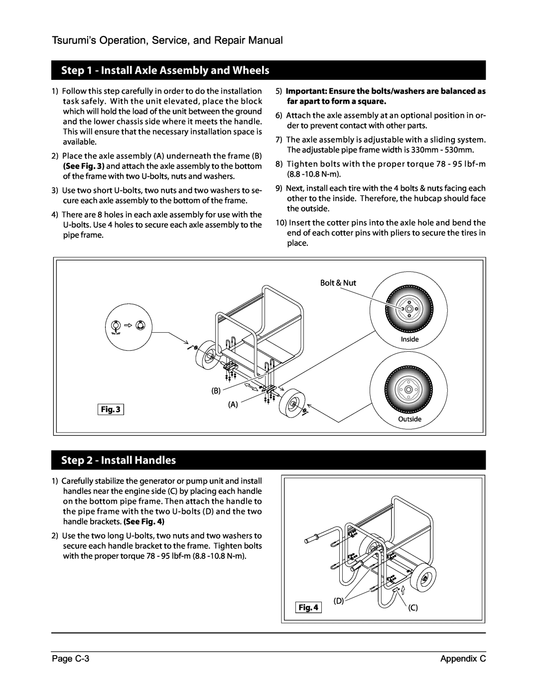 Honda Power Equipment TPG-2900H-DX, TPG-7000H-DXE, TPG-6000H-DX manual Install Axle Assembly and Wheels, Install Handles, Fig 