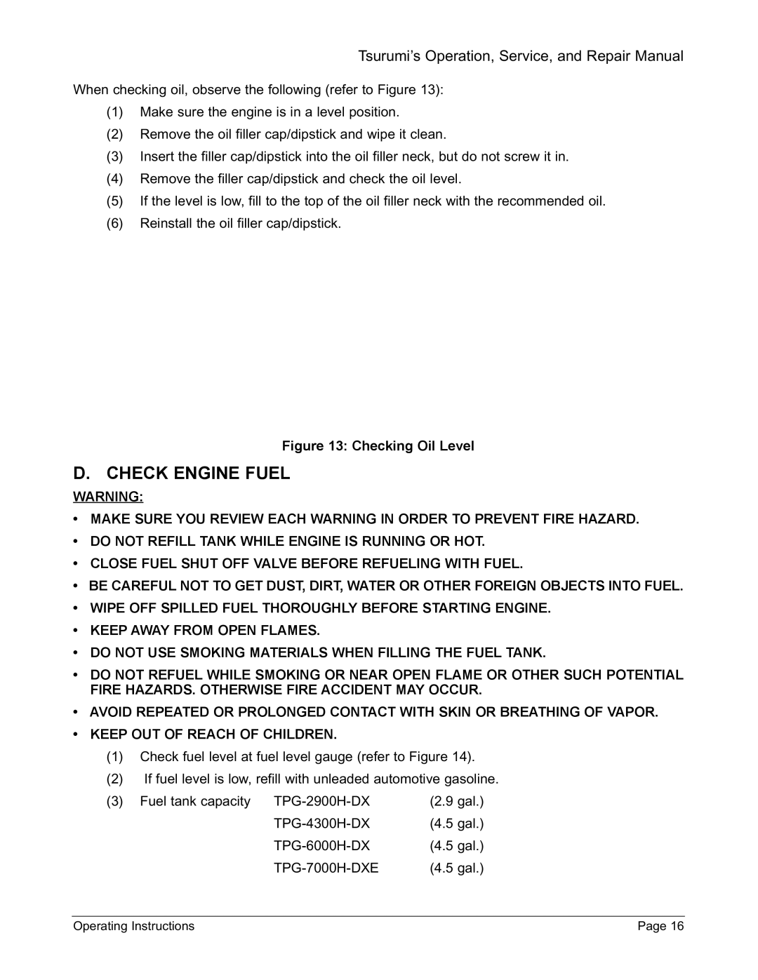 Honda Power Equipment TPG-4300H-DX, TPG-2900H-DX, TPG-7000H-DXE, TPG-6000H-DX manual Check Engine Fuel, Checking Oil Level 