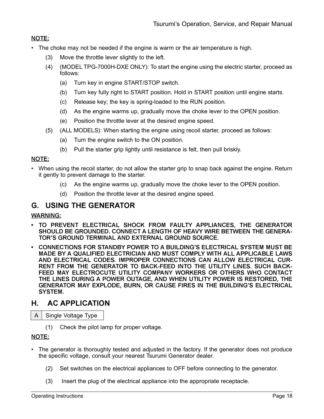 Honda Power Equipment TPG-7000H-DXE, TPG-2900H-DX, TPG-6000H-DX, TPG-4300H-DX manual Using the Generator, AC Application 