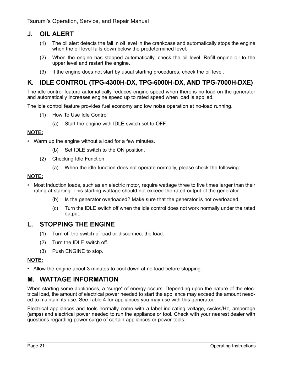 Honda Power Equipment TPG-2900H-DX manual OIL Alert, Idle Control TPG-4300H-DX, TPG-6000H-DX, and TPG-7000H-DXE 