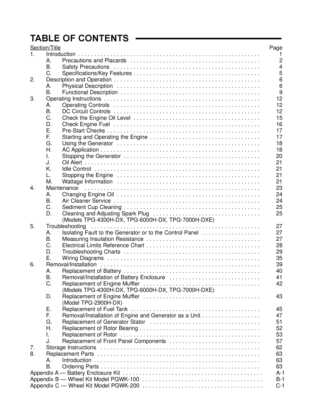 Honda Power Equipment TPG-4300H-DX, TPG-2900H-DX, TPG-7000H-DXE, TPG-6000H-DX manual Table of Contents 