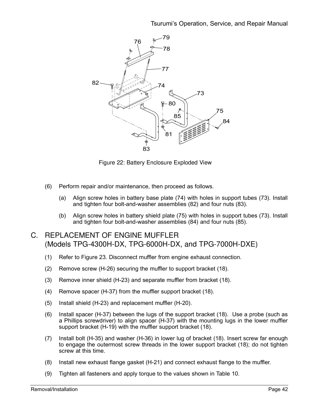 Honda Power Equipment TPG-7000H-DXE, TPG-2900H-DX manual Replacement of Engine Muffler, Battery Enclosure Exploded View 