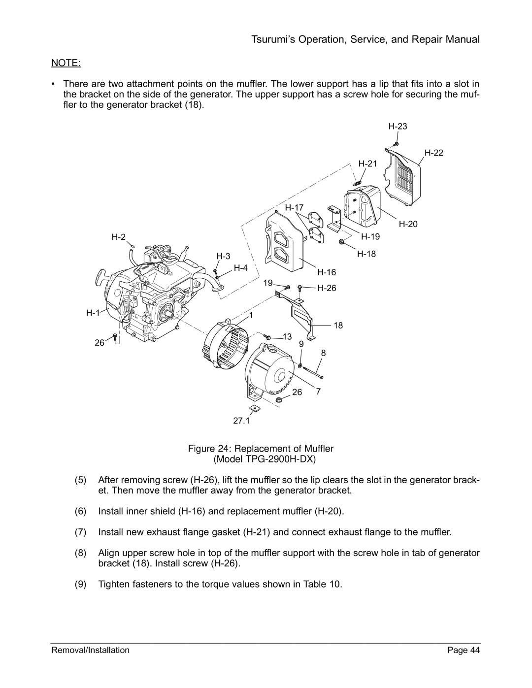 Honda Power Equipment TPG-4300H-DX, TPG-7000H-DXE, TPG-6000H-DX manual Replacement of Muffler Model TPG-2900H-DX 