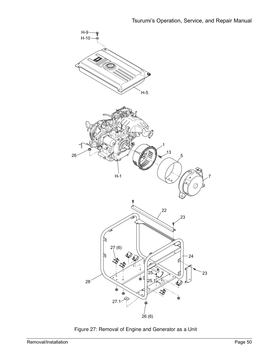 Honda Power Equipment TPG-7000H-DXE, TPG-2900H-DX, TPG-6000H-DX, TPG-4300H-DX manual Removal of Engine and Generator as a Unit 