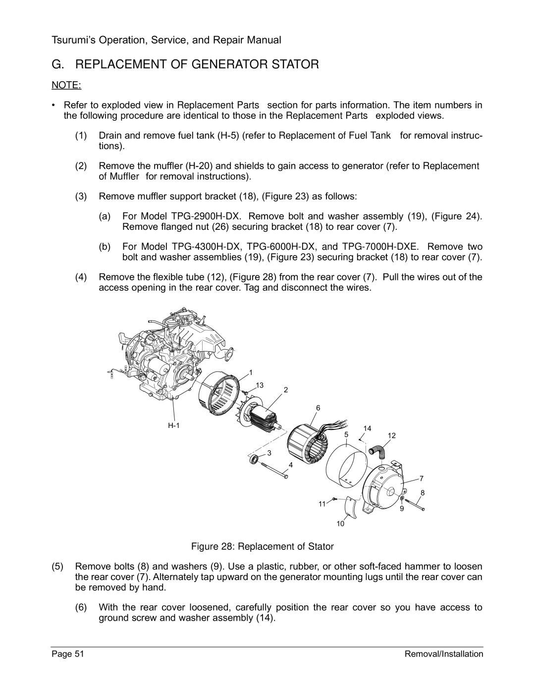 Honda Power Equipment TPG-6000H-DX, TPG-2900H-DX, TPG-7000H-DXE manual Replacement of Generator Stator, Replacement of Stator 