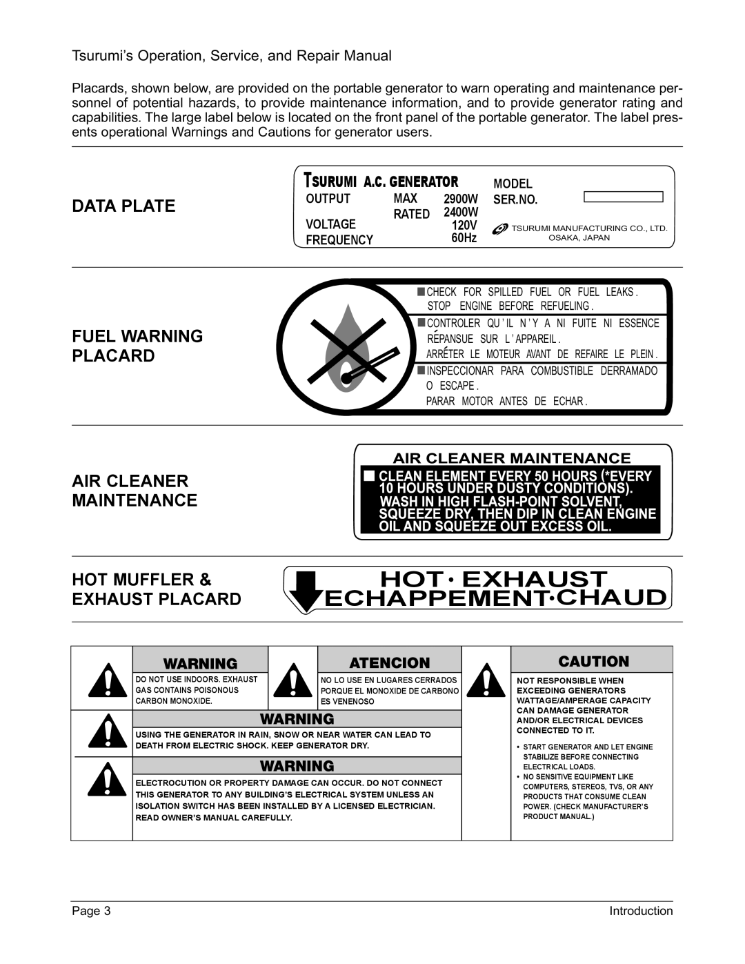 Honda Power Equipment TPG-6000H-DX Data Plate, Fuel Warning Placard, AIR Cleaner Maintenance HOT Muffler & Exhaust Placard 