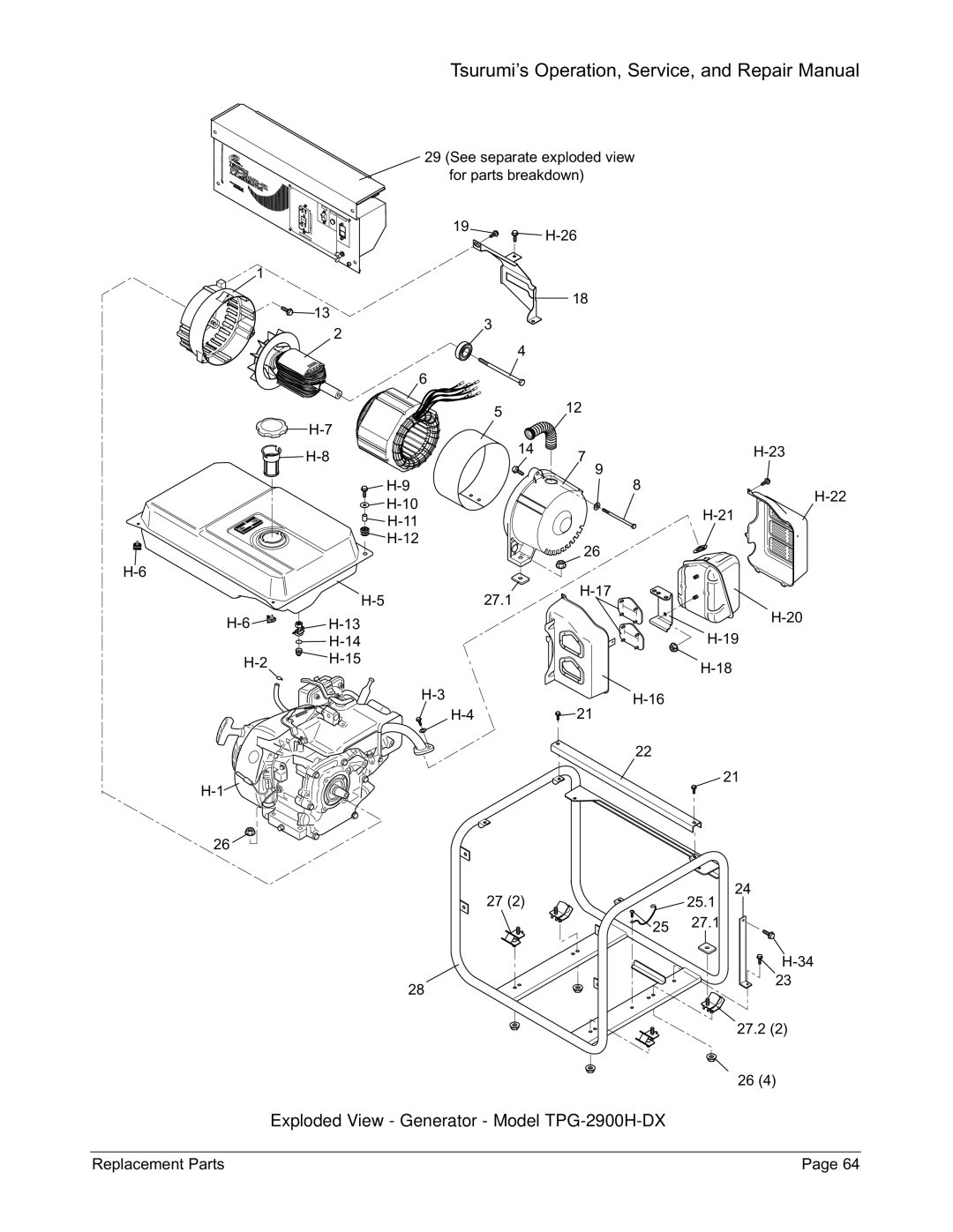 Honda Power Equipment TPG-4300H-DX, TPG-7000H-DXE, TPG-6000H-DX manual Exploded View Generator Model TPG-2900H-DX 