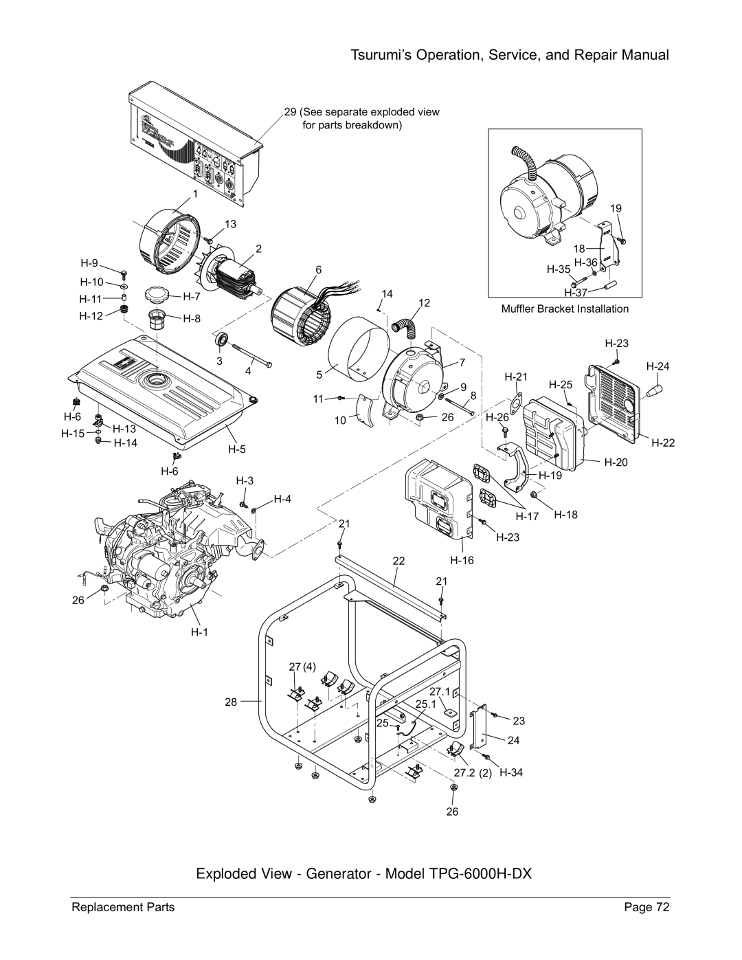 Honda Power Equipment TPG-4300H-DX, TPG-2900H-DX, TPG-7000H-DXE manual Exploded View Generator Model TPG-6000H-DX 