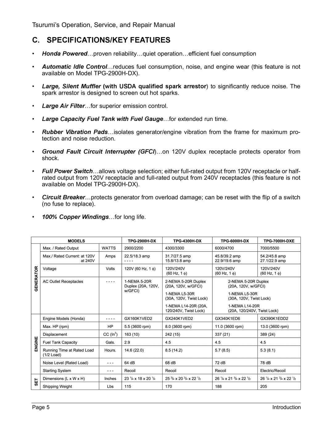 Honda Power Equipment TPG-2900H-DX, TPG-7000H-DXE, TPG-6000H-DX, TPG-4300H-DX manual SPECIFICATIONS/KEY Features 