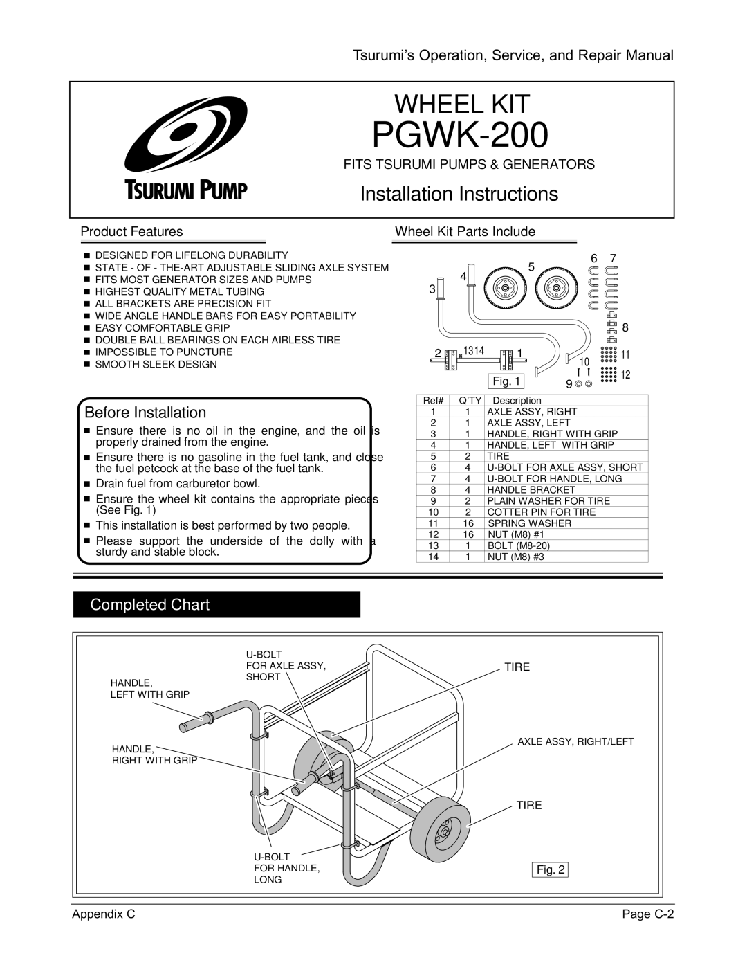 Honda Power Equipment TPG-4300H-DX, TPG-2900H-DX, TPG-7000H-DXE, TPG-6000H-DX manual Product Features, Wheel Kit Parts Include 