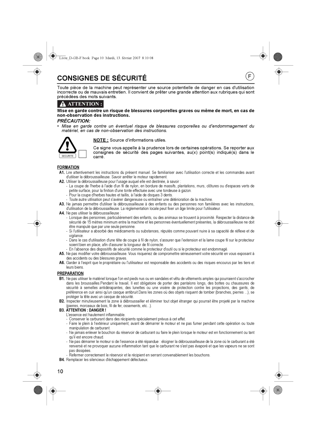 Honda Power Equipment UMK435E owner manual Consignes DE Sécurité, Formation, B3. Attention Danger 