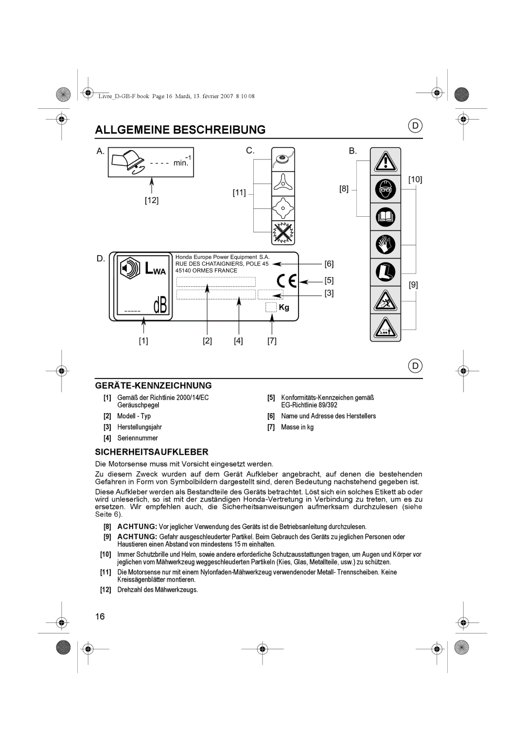 Honda Power Equipment UMK435E owner manual Geräte-Kennzeichnung, Sicherheitsaufkleber 