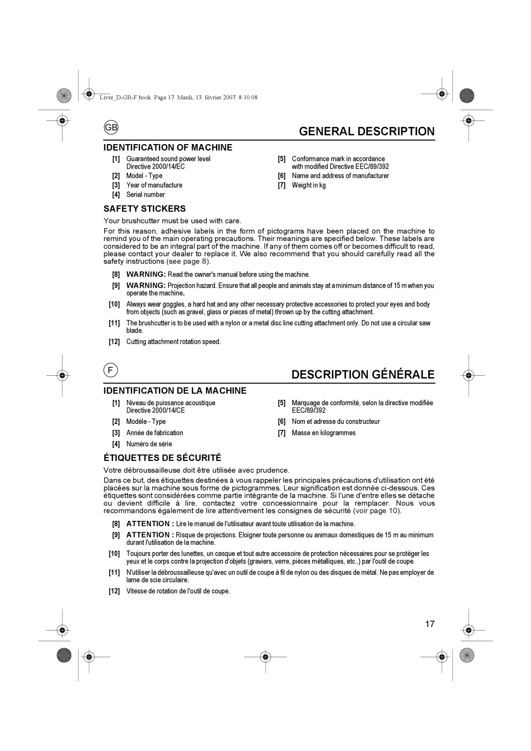 Honda Power Equipment UMK435E owner manual Identification of Machine, Safety Stickers, Identification DE LA Machine 