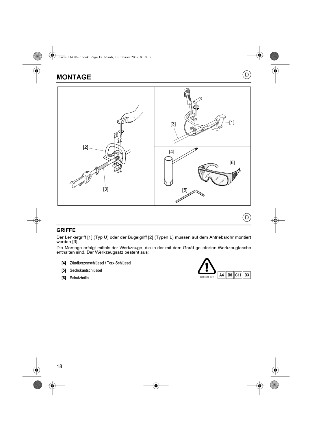 Honda Power Equipment UMK435E owner manual Montage, Griffe, A4 B8 C11 D3 