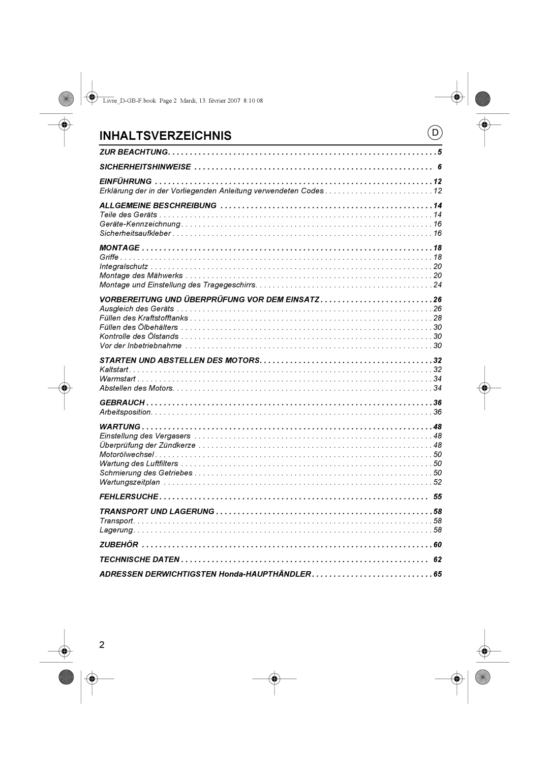 Honda Power Equipment UMK435E owner manual Inhaltsverzeichnis 